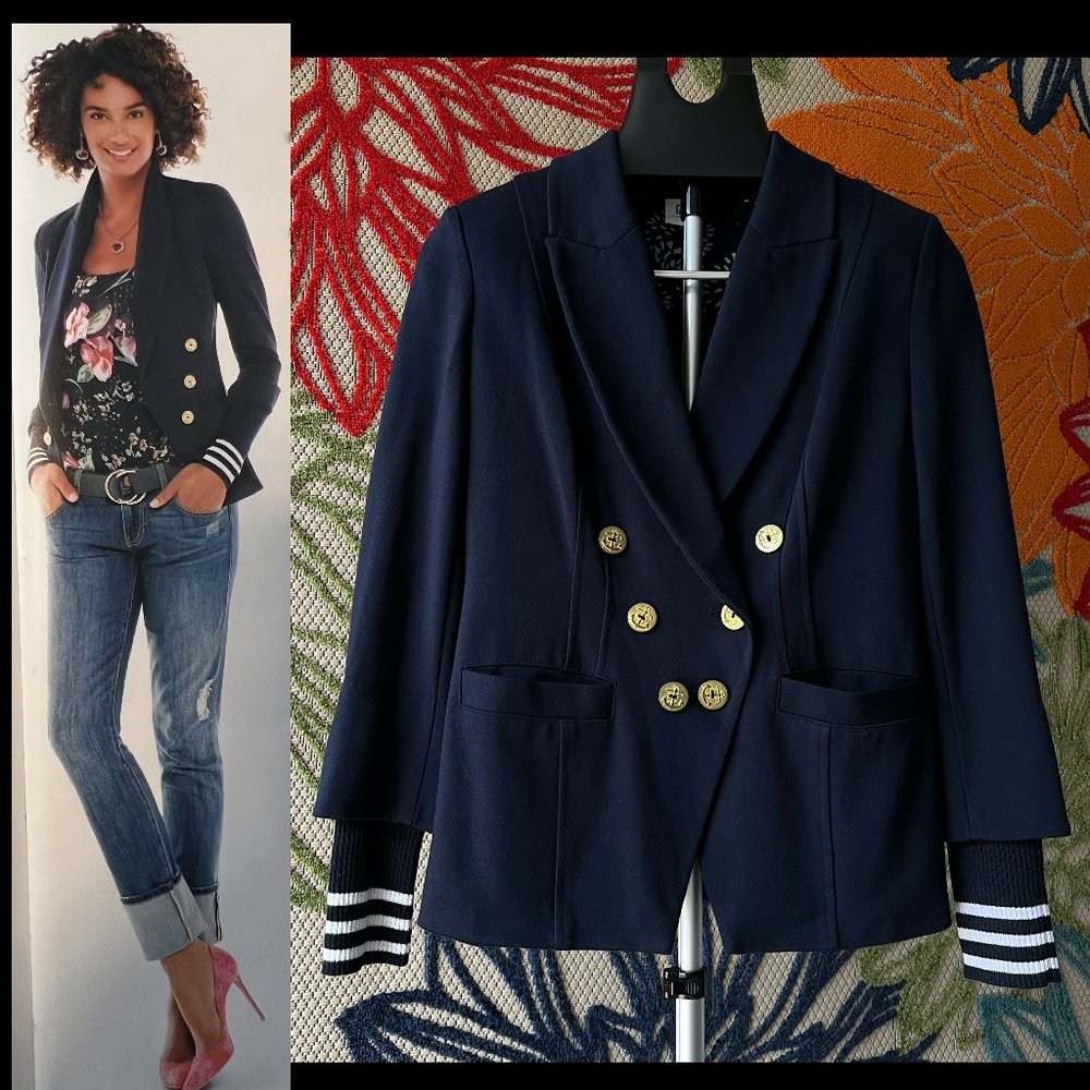 sold - CAbi Grand Slam Blazer 5150 - Classy Navy Blazer with Sleeve Cuffs 8
